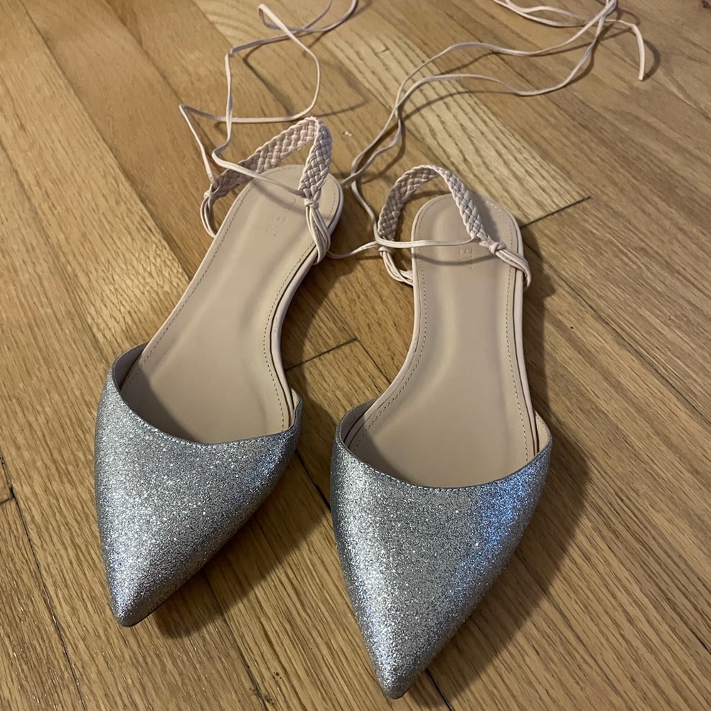 NEW J.Crew Silver Sparkle Leather Flats